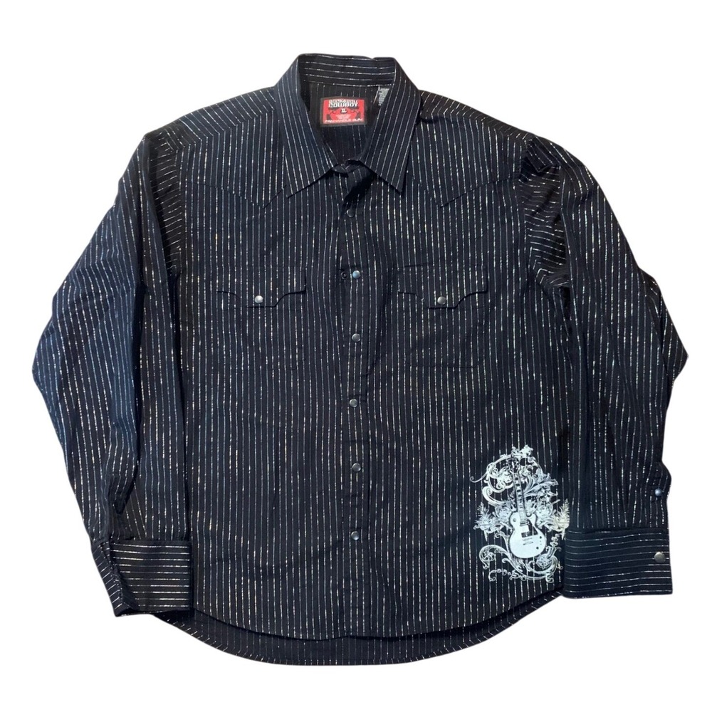 Rock and Roll Cowboy Mens XL Western Snap‎ Shirt Black Silver Pinstripe Guitar